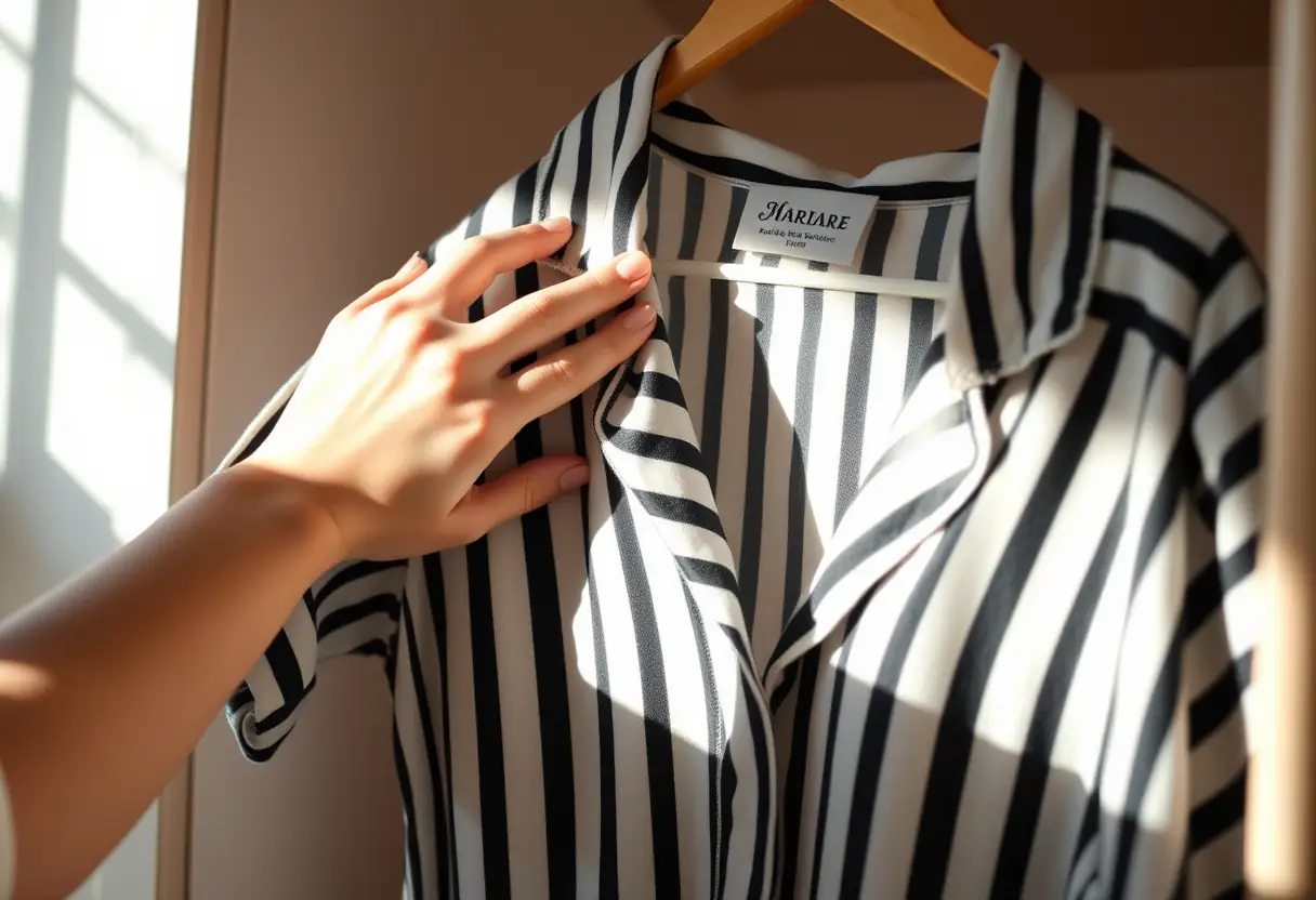Main de femme lisant un pyjama rayé dans une penderie
