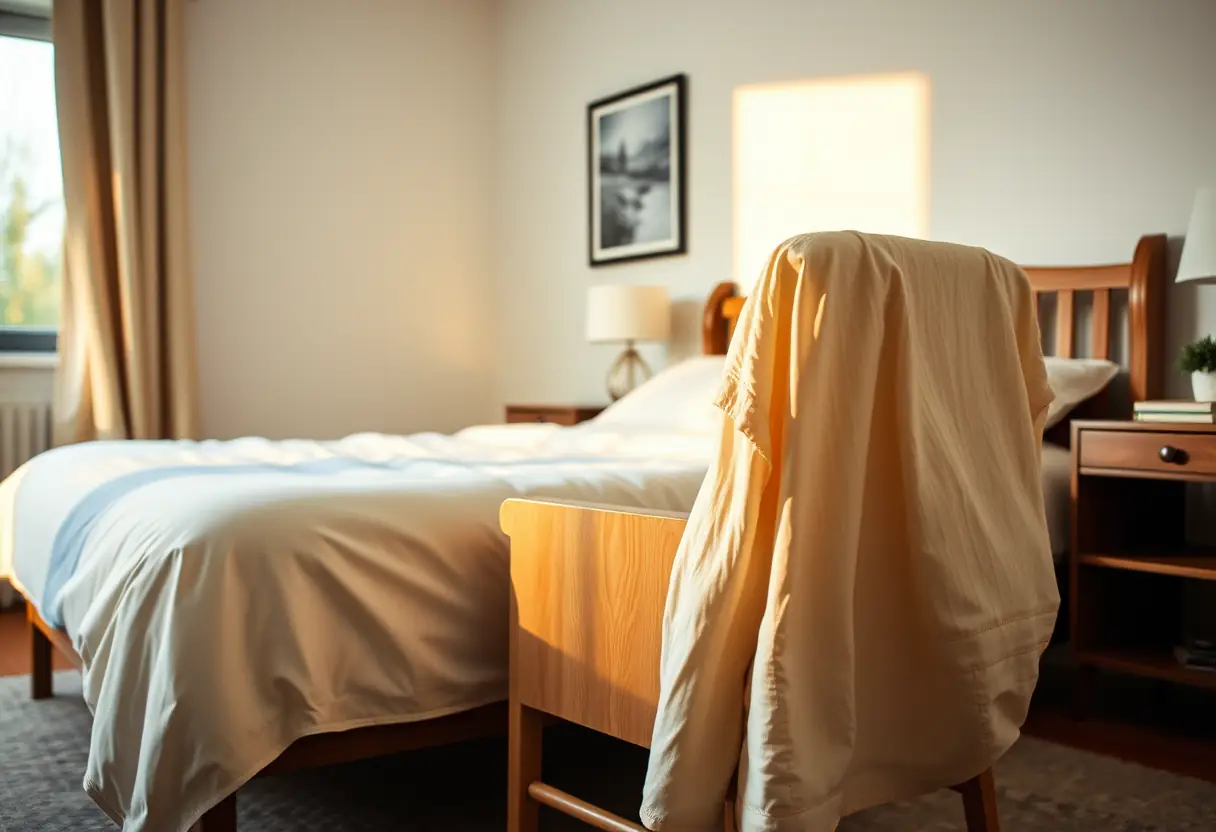 Pyjama en coton posé sur une chaise près du lit dans une chambre éclairée par la lumière du soir