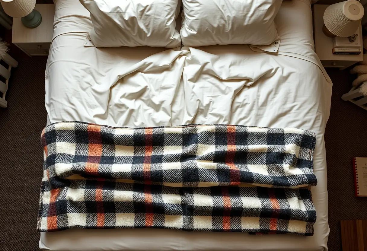 Vue aérienne d'une chambre douillette avec une couverture en flanelle pliée au pied du lit