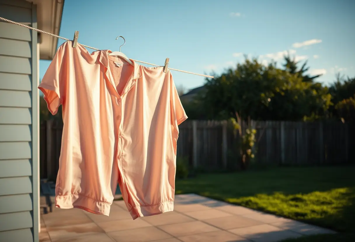 Ensemble de pyjamas en soie sur une corde à linge