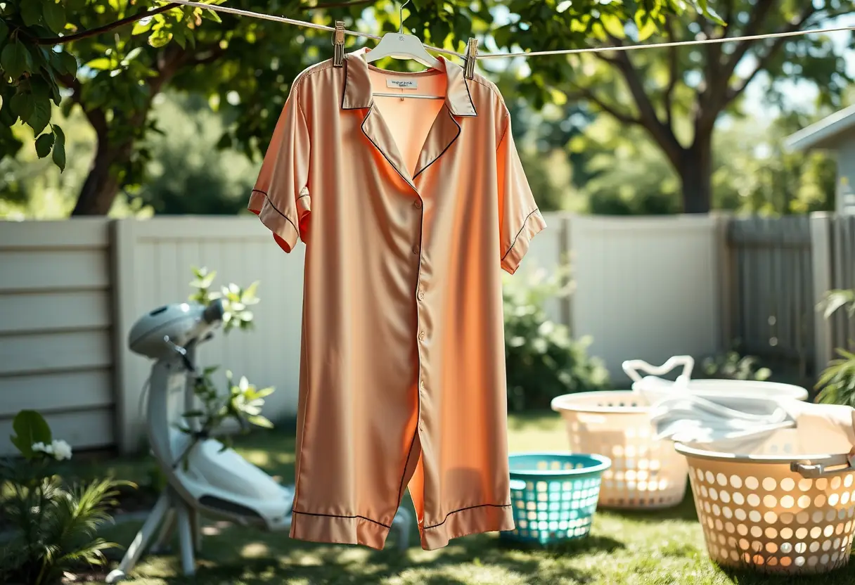 pyjama en satin accroché sur une corde à linge en plein jour