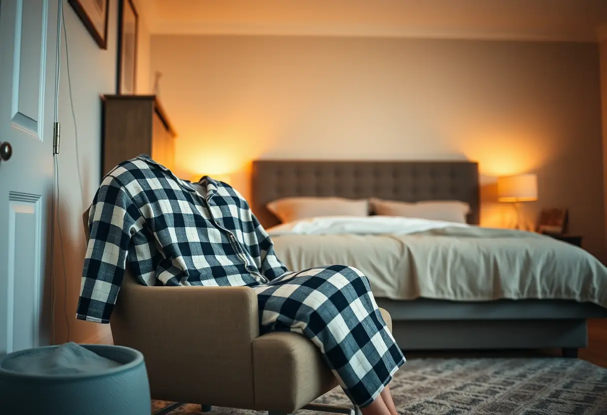 Vue d'ensemble d'une chambre chaleureusement éclairée, avec un pyjama en flanelle posé sur une chaise