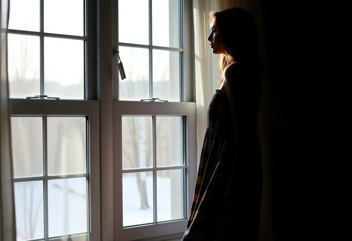 Une silhouette de femme près d'une fenêtre entrouverte, vêtue d'une nuitée en flanelle qui flotte légèrement dans une brise fraîche.