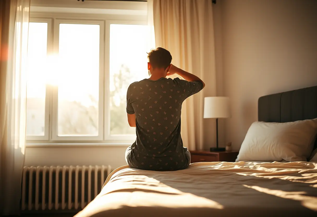 Une personne ajuste un pyjama polaire près de la fenêtre