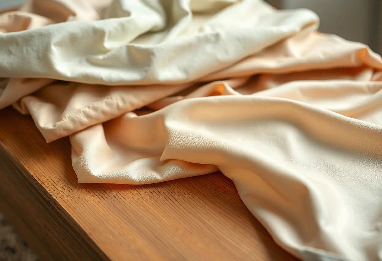 Une table basse en bois présentant différentes matières textiles pour femmes